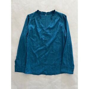 Rotita Womens Teal Blue Textured Ruffle V-Neck Long Sleeve Blouse Size L